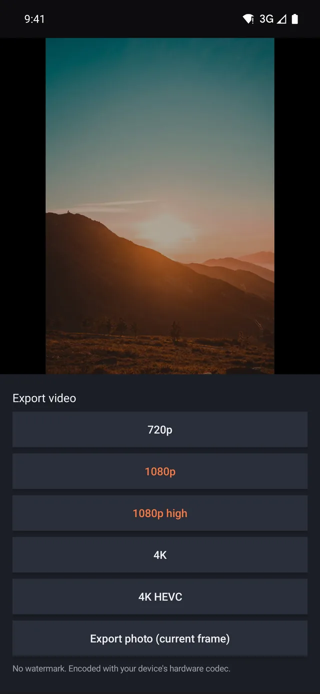 FilMode export screen with 4K and HEVC options