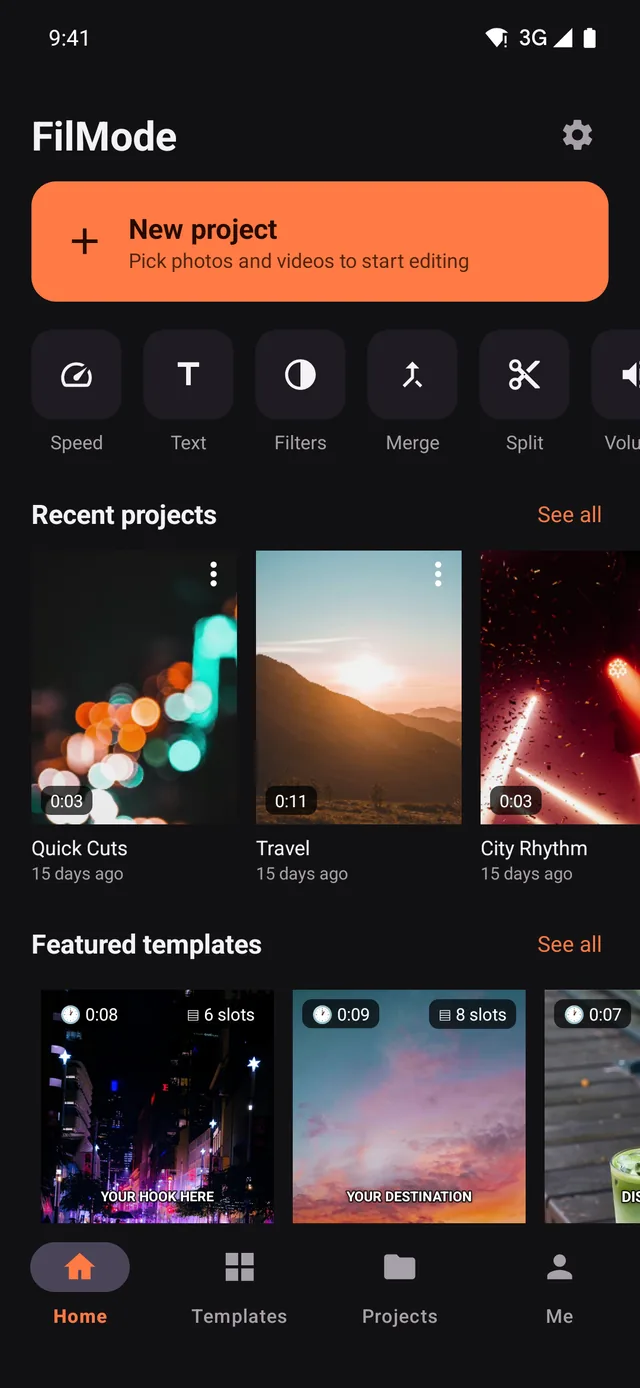 FilMode home screen with projects, shortcuts and templates
