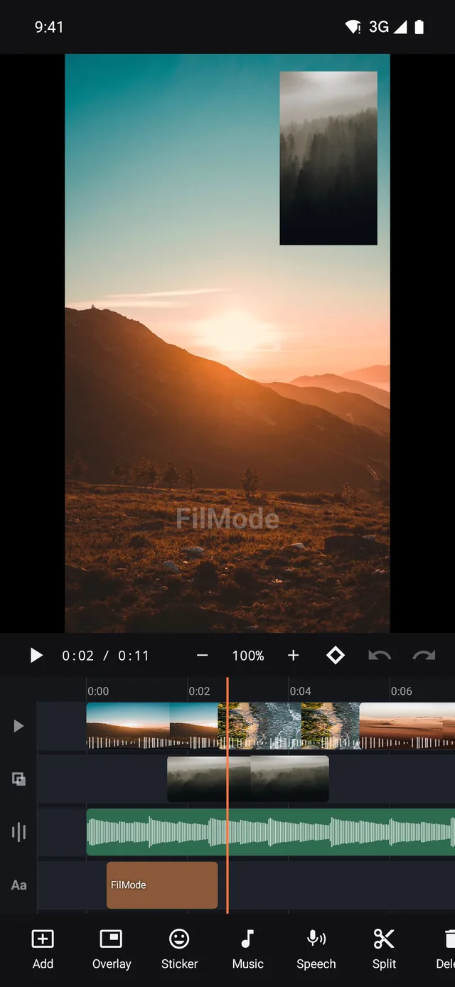 FilMode multi-track timeline with video, overlay, audio and text lanes